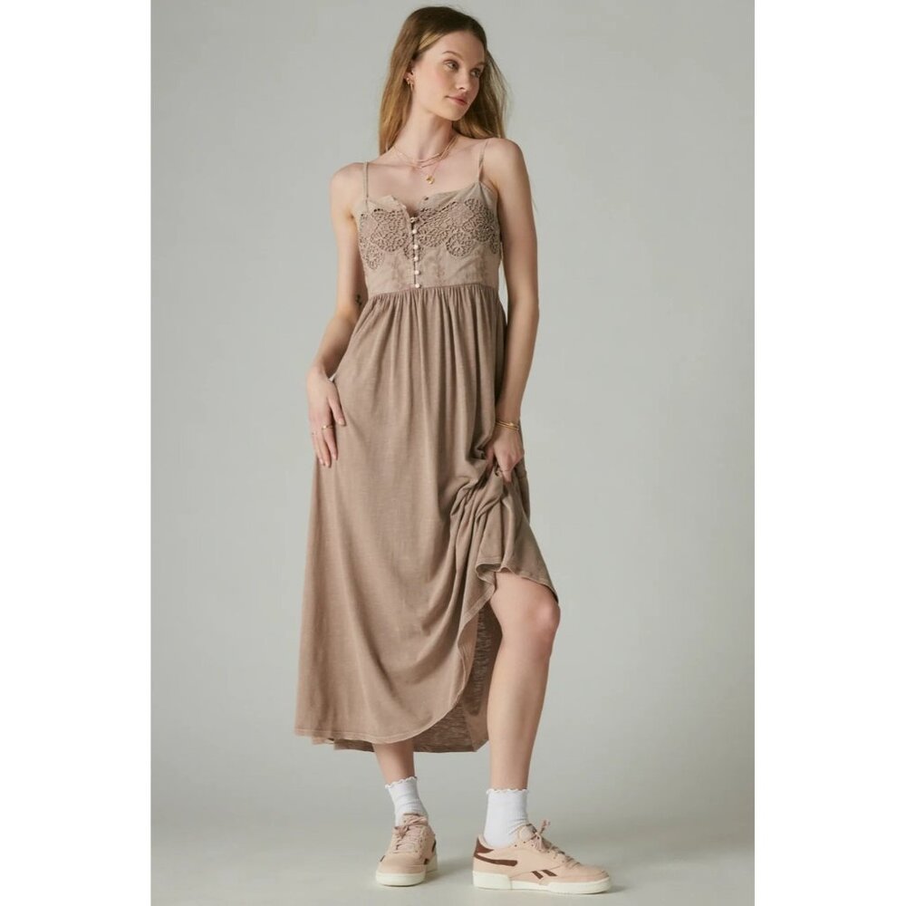 Lucky Brand Boho Maxi Dress Crochet Lace Smocked Back Neutral Size Large